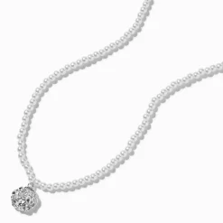 Claire's Colliers-Collier à pendentif rosettes perle d'imitation et couleur argentée