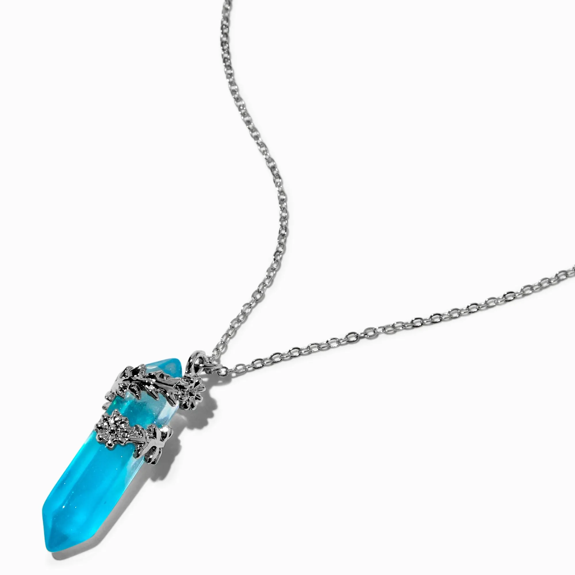 Claire's Colliers-Collier à pendentif strass mystique phosphorescent bleu design floral