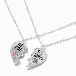 Claire's Colliers-Colliers à pendentif cœur fendu couleur argentée best friends - Lot de 2