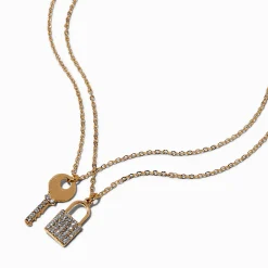 Claire's Colliers-Colliers à pendentifs couleur dorée clé et cadenas pavé - Lot de 2