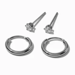 Claire's Anneaux|Clous D'oreilles-Créoles à charnière et clous en zircon cubique couleur argentée C LUXE by Claire's - Lot de 2