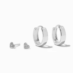 Claire's Bijoux Premium-Créoles à charnière 10 mm et clou cœur strass couleur argentée C LUXE by Claire's - Lot de 2