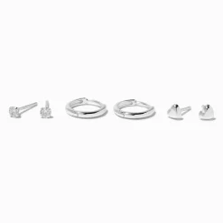 Claire's Bijoux Premium-Créoles à charnière 8 mm et cœurs, clou rond 2 mm en zircon cubique couleur argentée C LUXE by Claire’s - Lot de 3