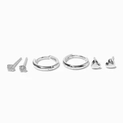 Claire's Anneaux|Clous D'oreilles-Créoles à charnière 8 mm et cœurs, clou rond 2 mm en zircon cubique couleur argentée C LUXE by Claire’s - Lot de 3
