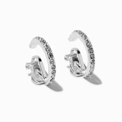Claire's Anneaux|Clips Et Autocollants-Créoles à clip avec strass pavé 20 mm couleur argentée
