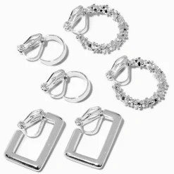 Claire's Anneaux|Clips Et Autocollants-Créoles à clip géométriques strass couleur argentée - Lot de 3