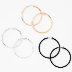 Claire's Anneaux|Clips Et Autocollants-Créoles à clip 40 mm en métaux mixtes - Lot de 3