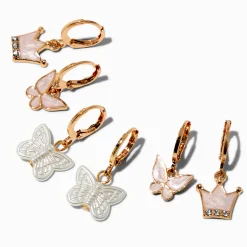 Claire's Anneaux-Créoles couleur dorée papillon et couronne - Lot de 3