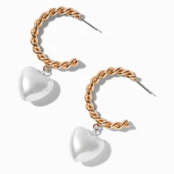 Claire's Anneaux-Créoles cœur perle d'imitation torsadées couleur dorée