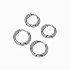 Claire's Anneaux|Bijoux Premium-Créoles en acier inoxydable couleur argentée - Lot de 2