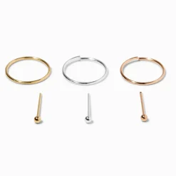 Claire's Bijoux Premium|Bijoux De Piercing-Créoles et clous de nez 0,6 mm en métaux mixtes couleur argentée - Lot de 6