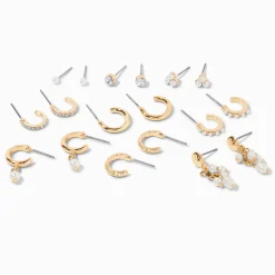 Claire's Anneaux|Clous D'oreilles-Créoles et clous d’oreilles variés couleur dorée et perles d’imitation - Lot de 9