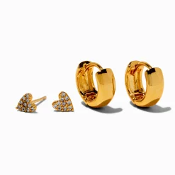 Claire's Bijoux Premium-Créoles et clous d'oreilles cœur strass couleur dorée C LUXE by Claire’s - Lot de 2