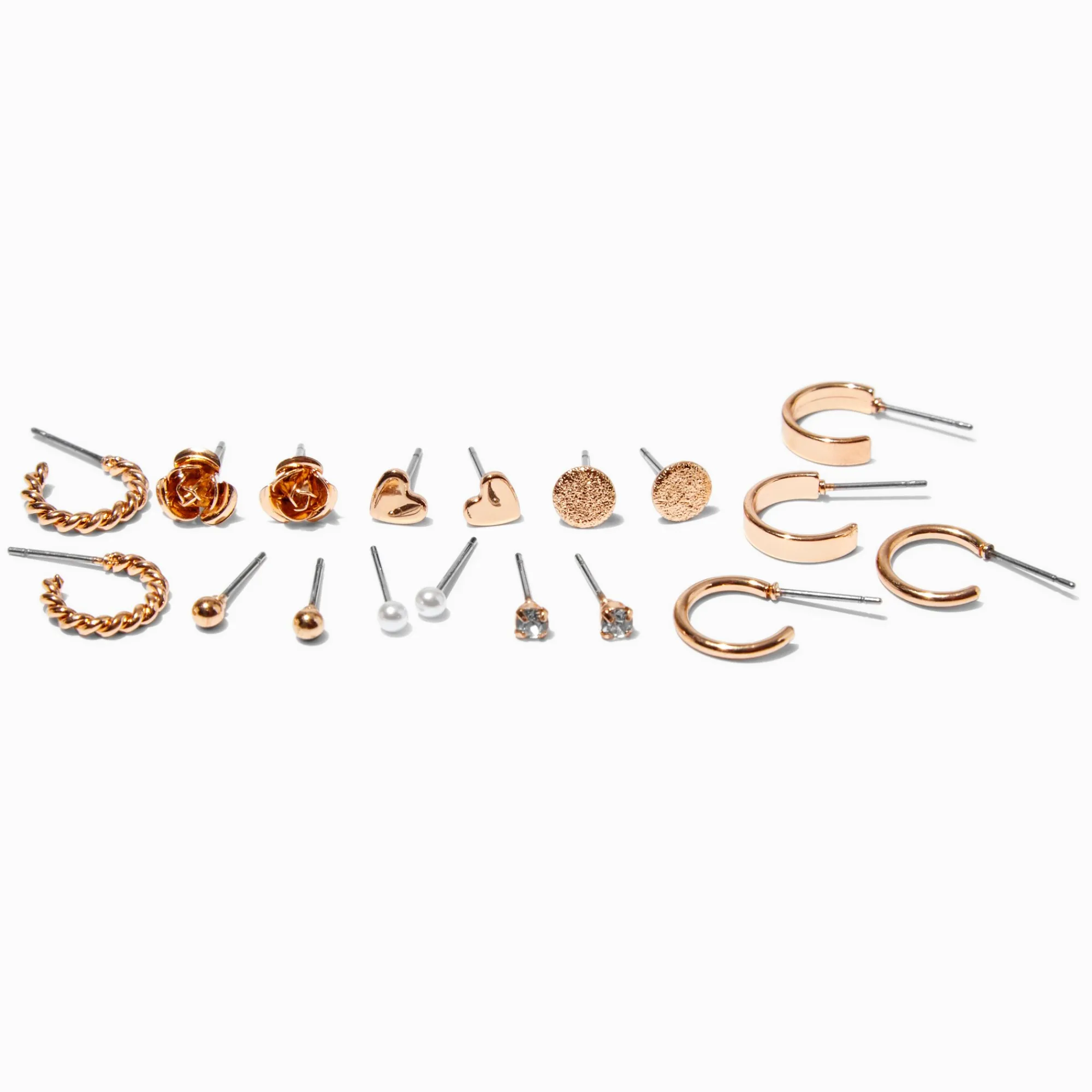 Claire's Anneaux|Clous D'oreilles-Créoles et clous en forme de cœur et de rose superposables couleur dorée - Lot de 9
