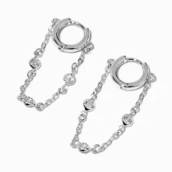 Claire's Anneaux|Clous D'oreilles-Créoles huggies pendantes couleur argentée avec superpositions de strass en zircon cubique