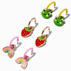 Claire's Anneaux-Créoles émaillées arc-en-ciel, fraise et grenouille - Lot de 3
