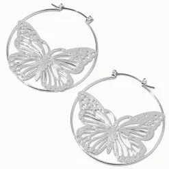 Claire's Anneaux-Créoles 50 mm papillon en filigrane couleur argentée