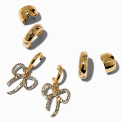 Claire's Anneaux-Créoles épaisses superposables avec nœud en strass couleur dorée - Lot de 3