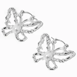 Claire's Anneaux-Créoles papillon perle d'imitation couleur argentée
