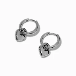 Claire's Anneaux|Bijoux Premium-Créoles pendantes cœur en acier inoxydable couleur argentée