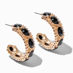 Claire's Anneaux-Créoles strass noires ovales épaisses 30 mm couleur dorée