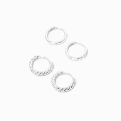 Claire's Anneaux|Bijoux Premium-Créoles torsadées 8 et 10 mm couleur argentée C LUXE by Claire's - Lot de 2