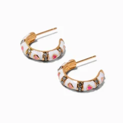 Claire's Anneaux-Demi-créoles couleur dorée cœur émaillées roses et blanches