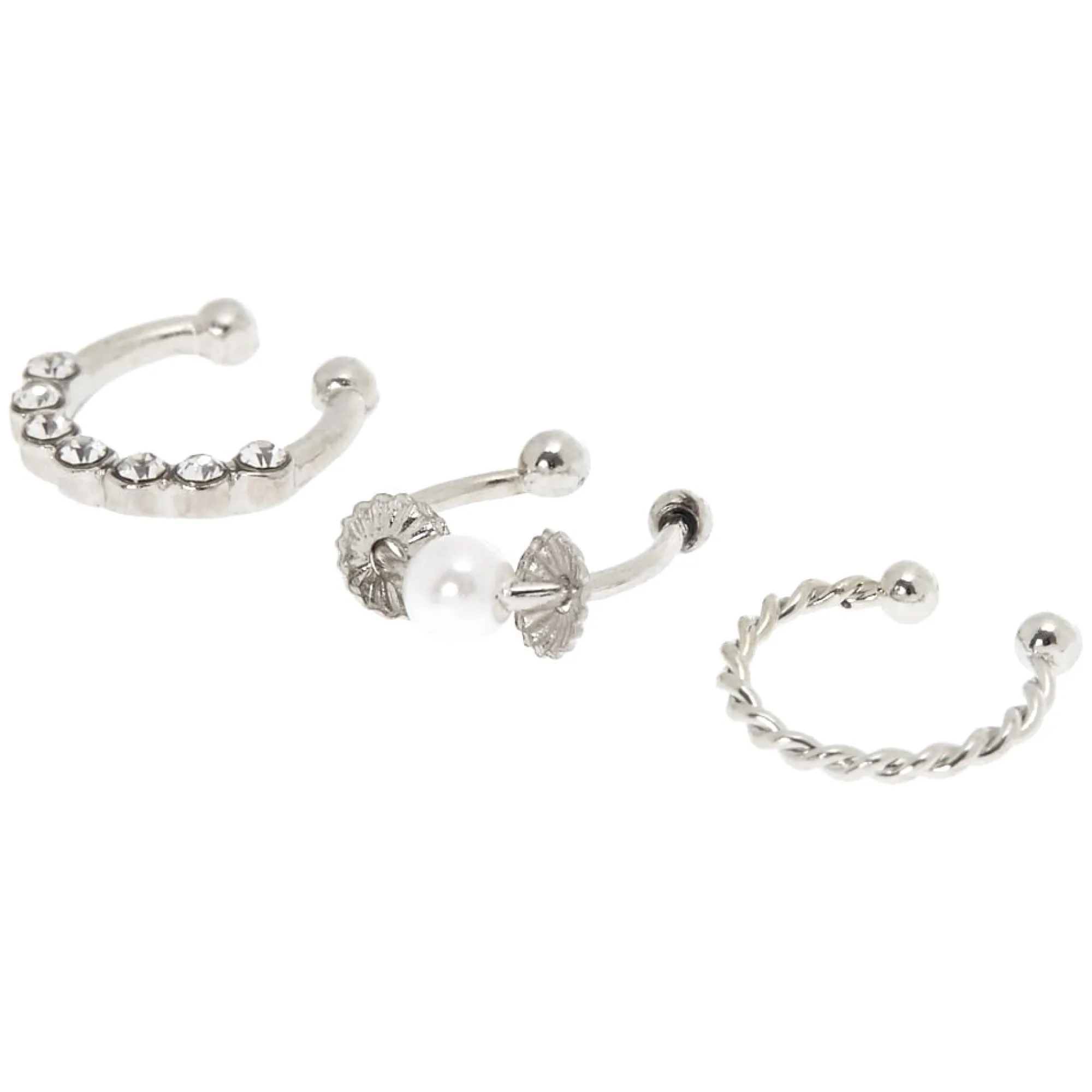 Claire's Clips Et Autocollants|Bijoux De Piercing-Faux anneaux pour cartilage perles d'imitation et strass couleur argentée - Lot de 3