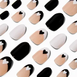 Claire's Ongles-Faux ongles autocollants vegan ronds cœurs noirs et blancs - Lot de 24
