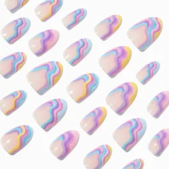 Claire's Ongles-Faux ongles vegan amande tourbillon arc-en-ciel - Lot de 24