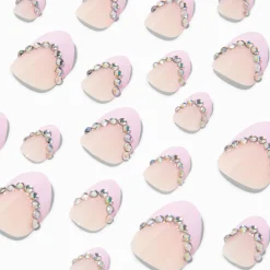 Claire's Ongles-Faux ongles vegan autocollants stiletto French manucure avec strass roses - Lot de 24