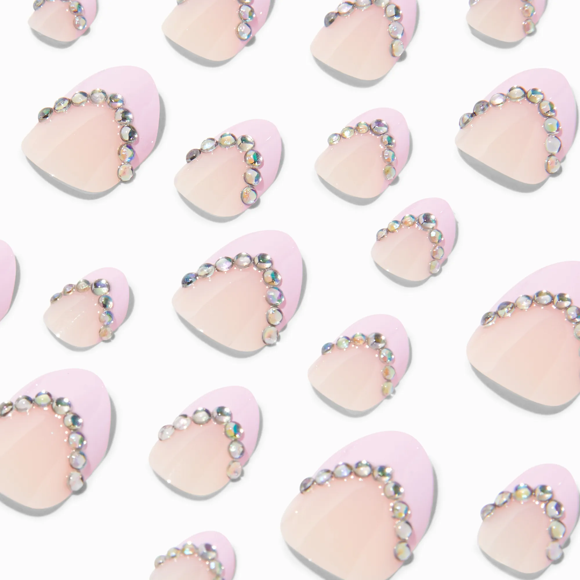 Claire's Ongles-Faux ongles vegan autocollants stiletto French manucure avec strass roses - Lot de 24