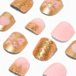 Claire's Ongles-Faux ongles vegan autocollants carrés papillon à paillettes couleur dorée Claire's Club - Lot de 24