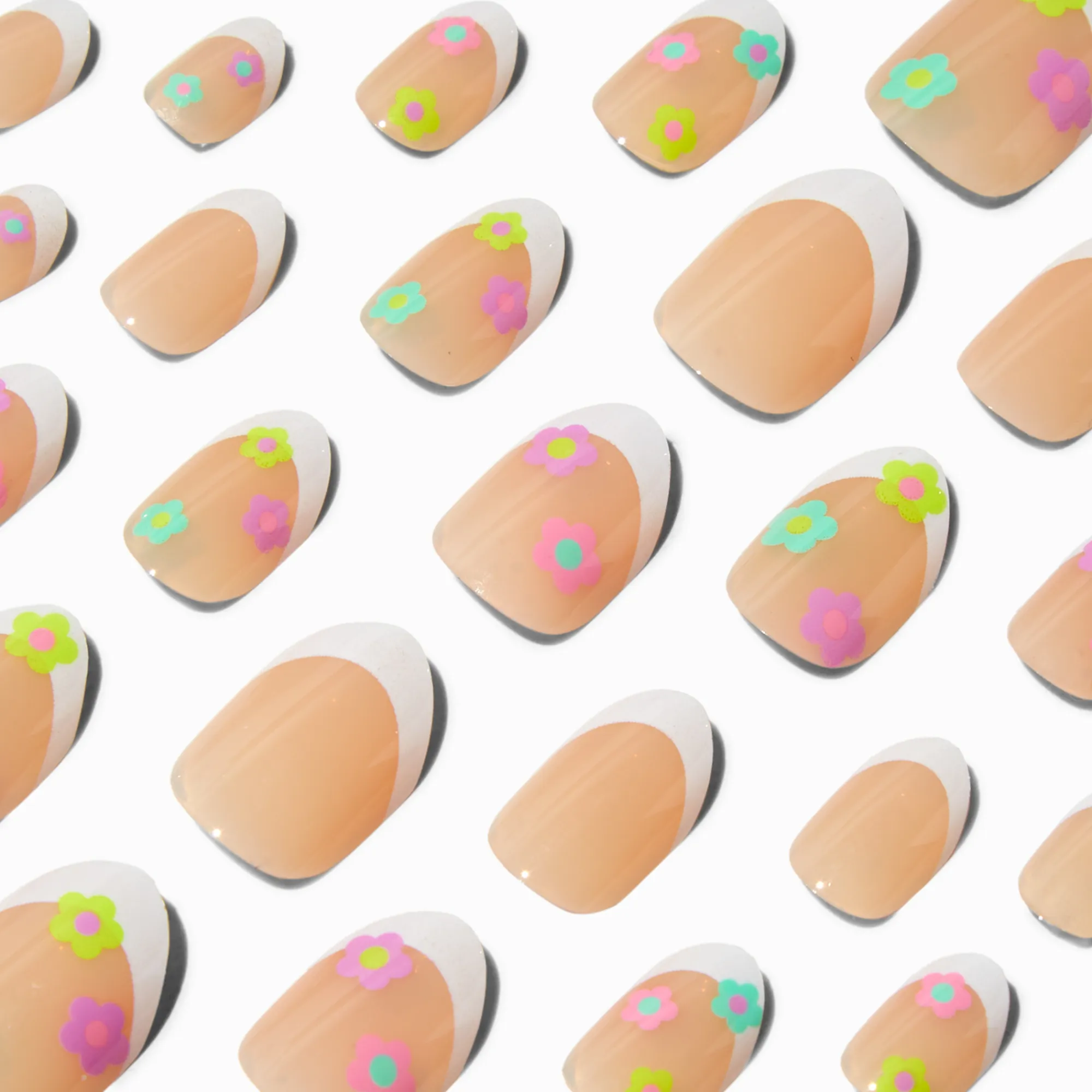 Claire's Ongles-Faux ongles vegan autocollants stiletto French manucure avec marguerites - Lot de 24
