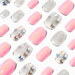 Claire's Ongles-Faux ongles vegan autocollants ballerine papillon couleur chromée rose - Lot de 24