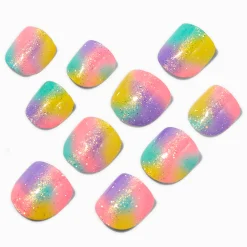 Claire's Ongles-Faux ongles vegan autocollants carrés arc-en-ciel pailletés Claire's Club - Lot de 10
