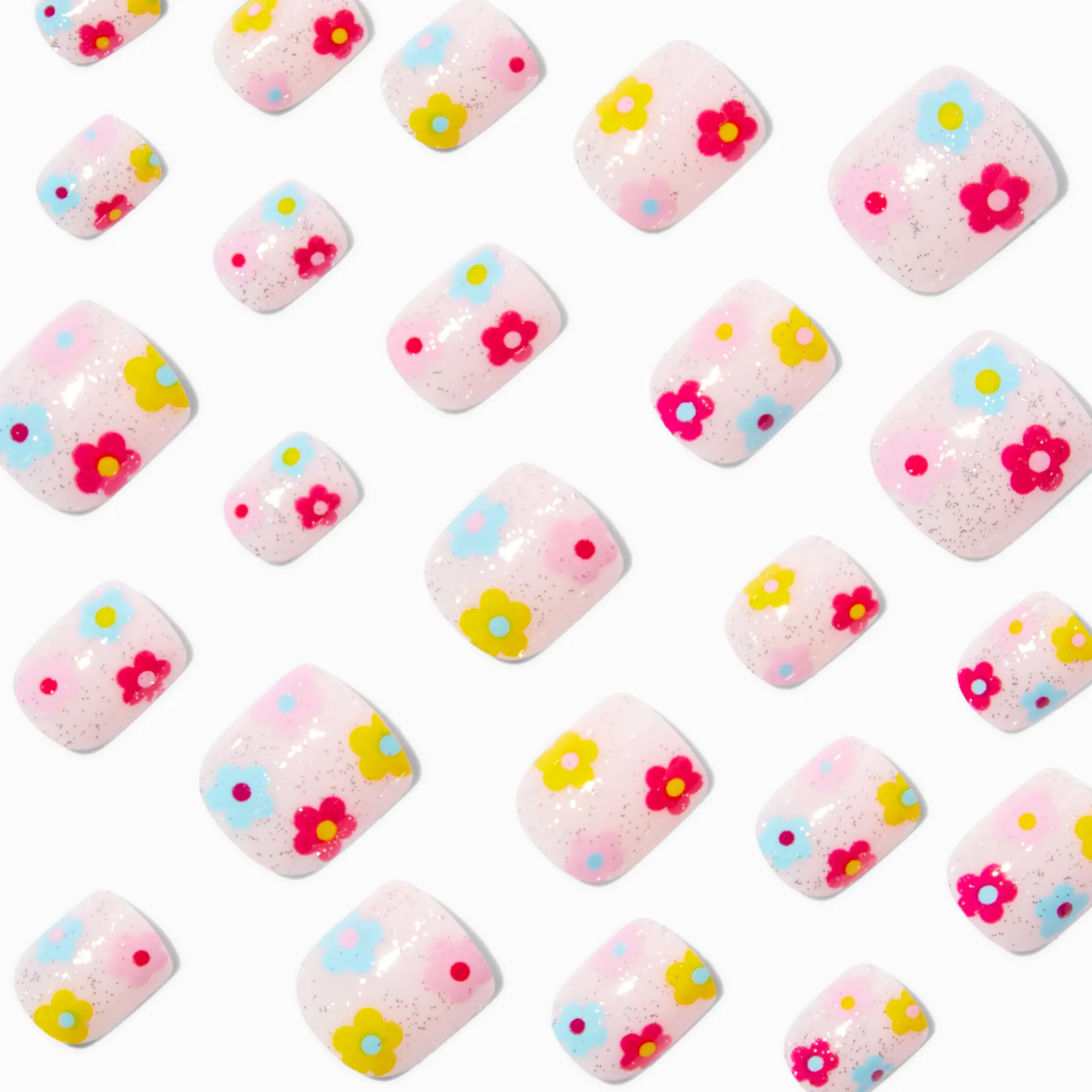 Claire's Ongles-Faux ongles vegan autocollants carrés marguerite multicolores - Lot de 24