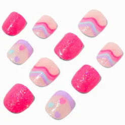 Claire's Ongles-Faux ongles vegan autocollants carrés lignes ondulées roses Claire's Club - Lot de 10