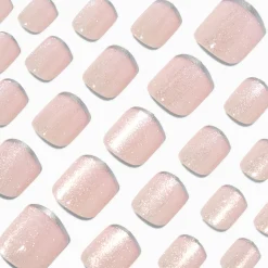 Claire's Ongles-Faux ongles vegan autocollants carrés French manucure taille fine pailletés couleur argentée - Pack de 24