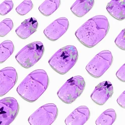 Claire's Ongles-Faux ongles vegan autocollants stiletto à paillettes papillons violets - Lot de 24