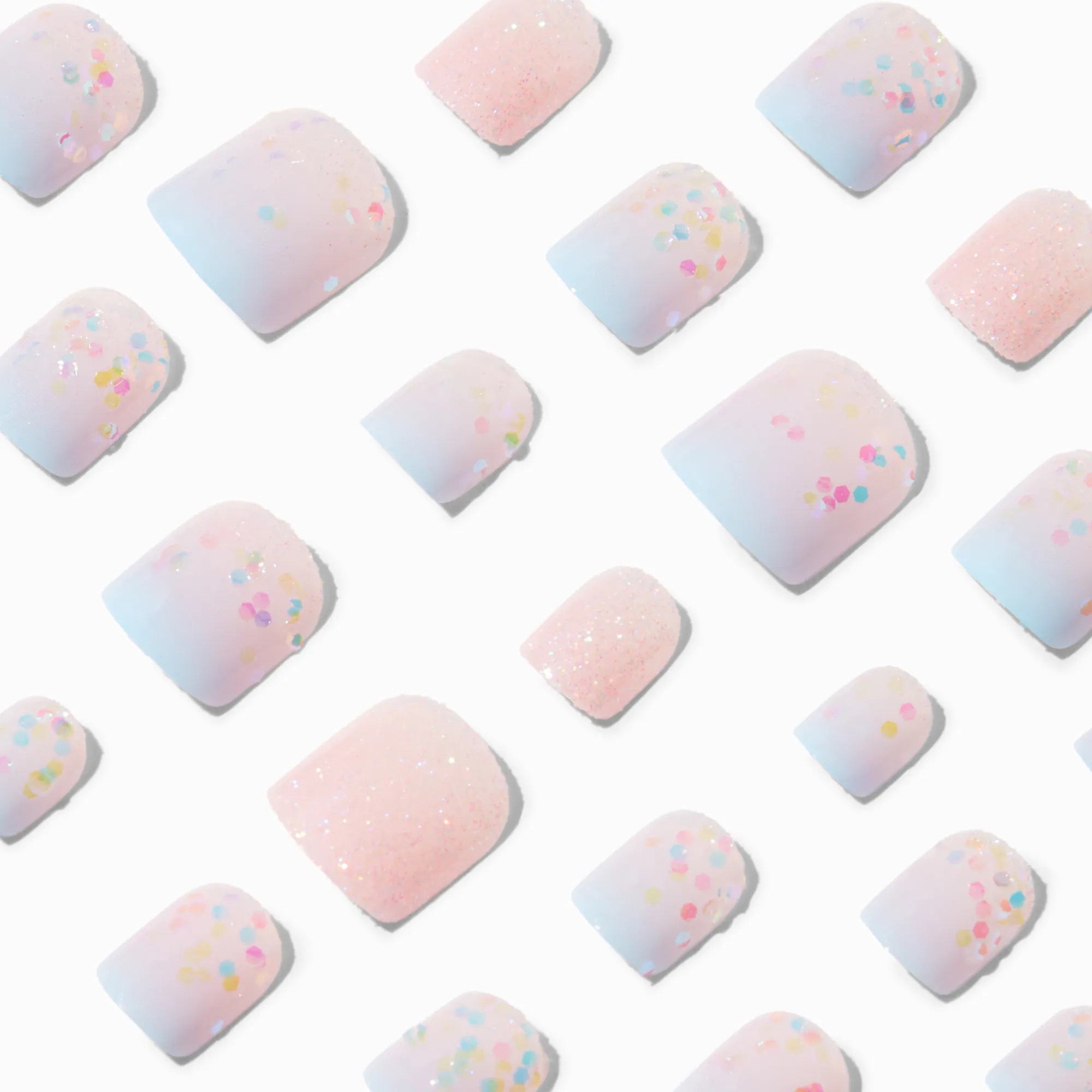 Claire's Ongles-Faux ongles vegan autocollants carrés à paillettes avec dégradé bleu - Lot de 24