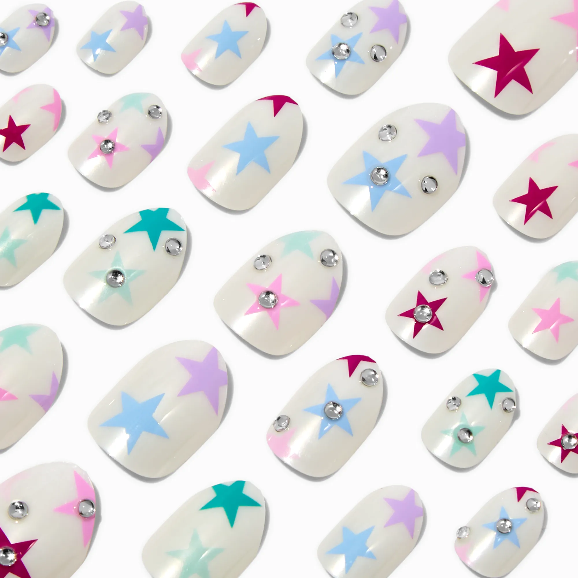 Claire's Ongles-Faux ongles vegan autocollants stiletto étoiles multicolores - Lot de 24