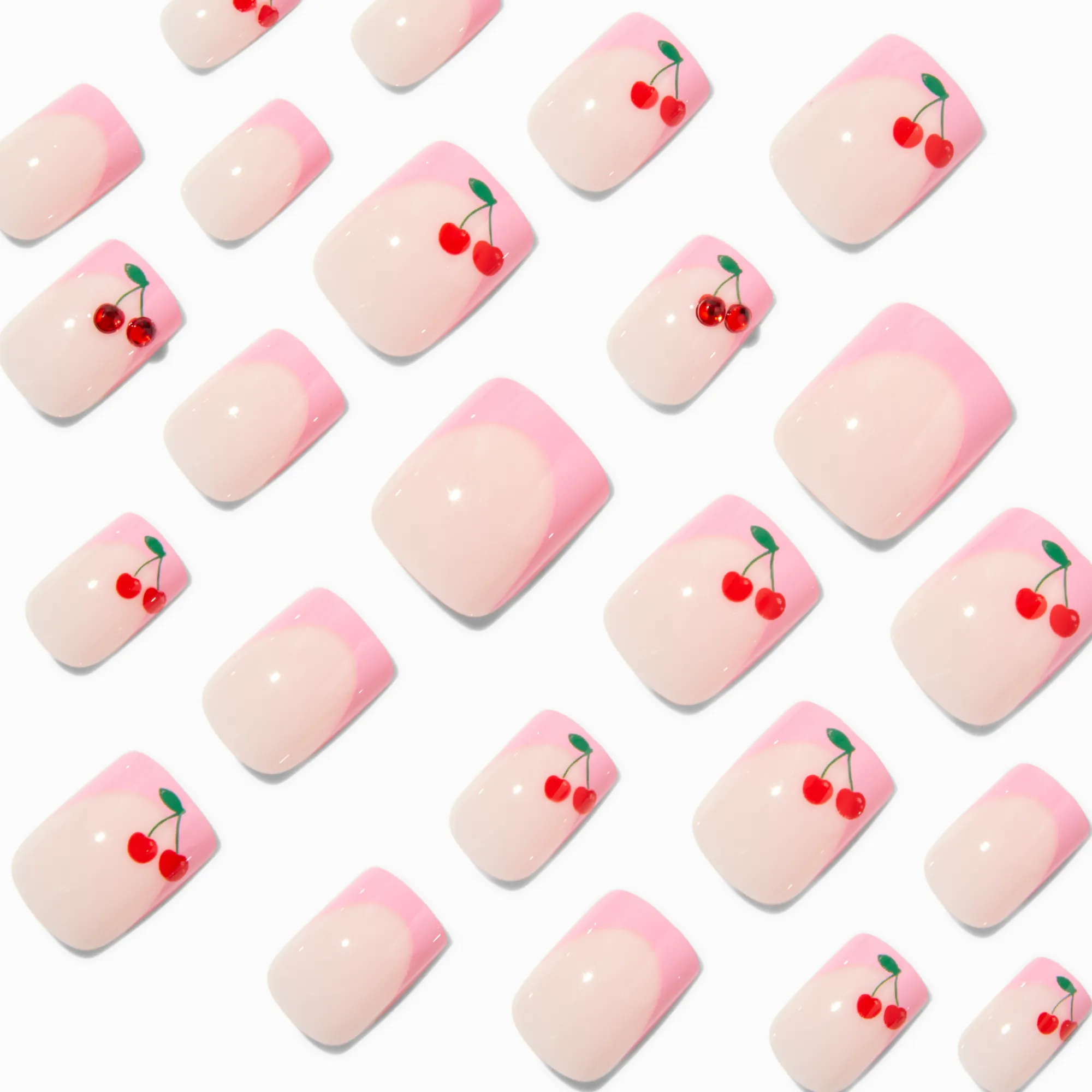 Claire's Ongles-Faux ongles vegan carrés avec strass cerises French manucure roses - Lot de 24