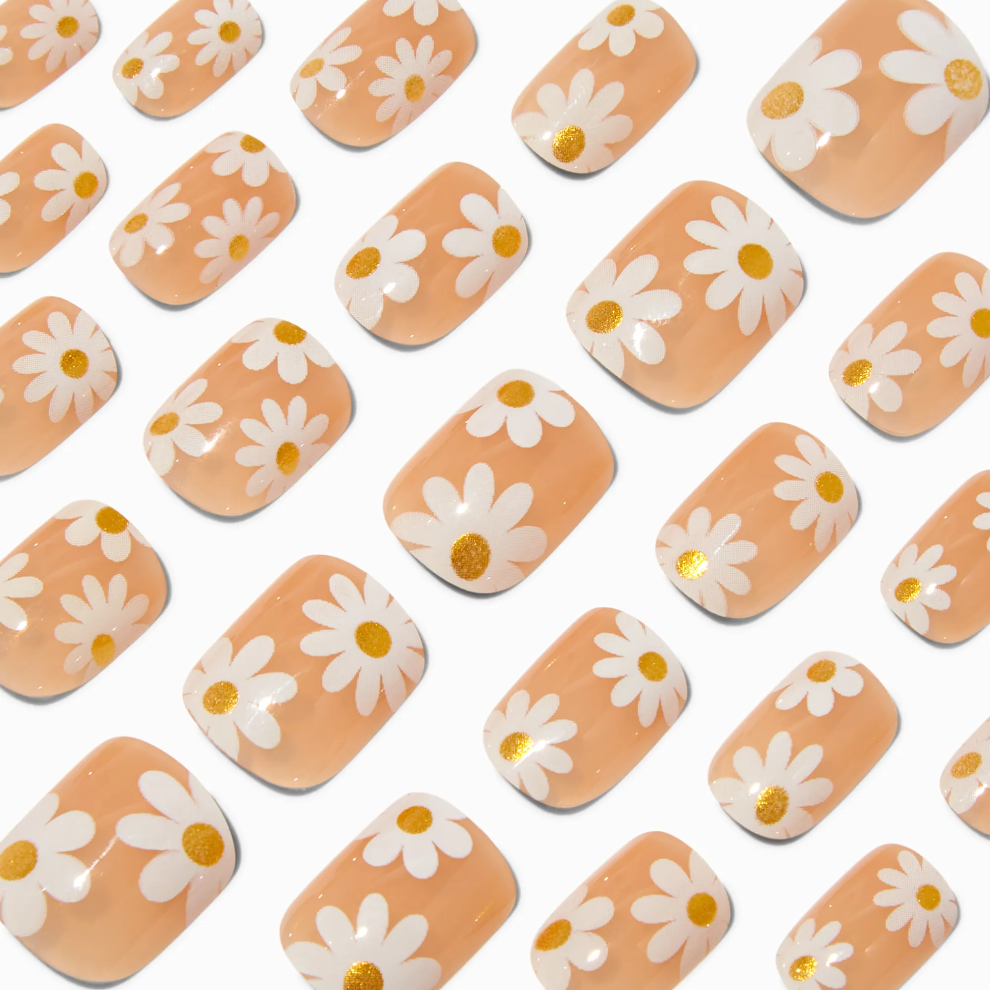 Claire's Ongles-Faux ongles vegan courts de forme carrée marguerite à paillettes - Lot de 24