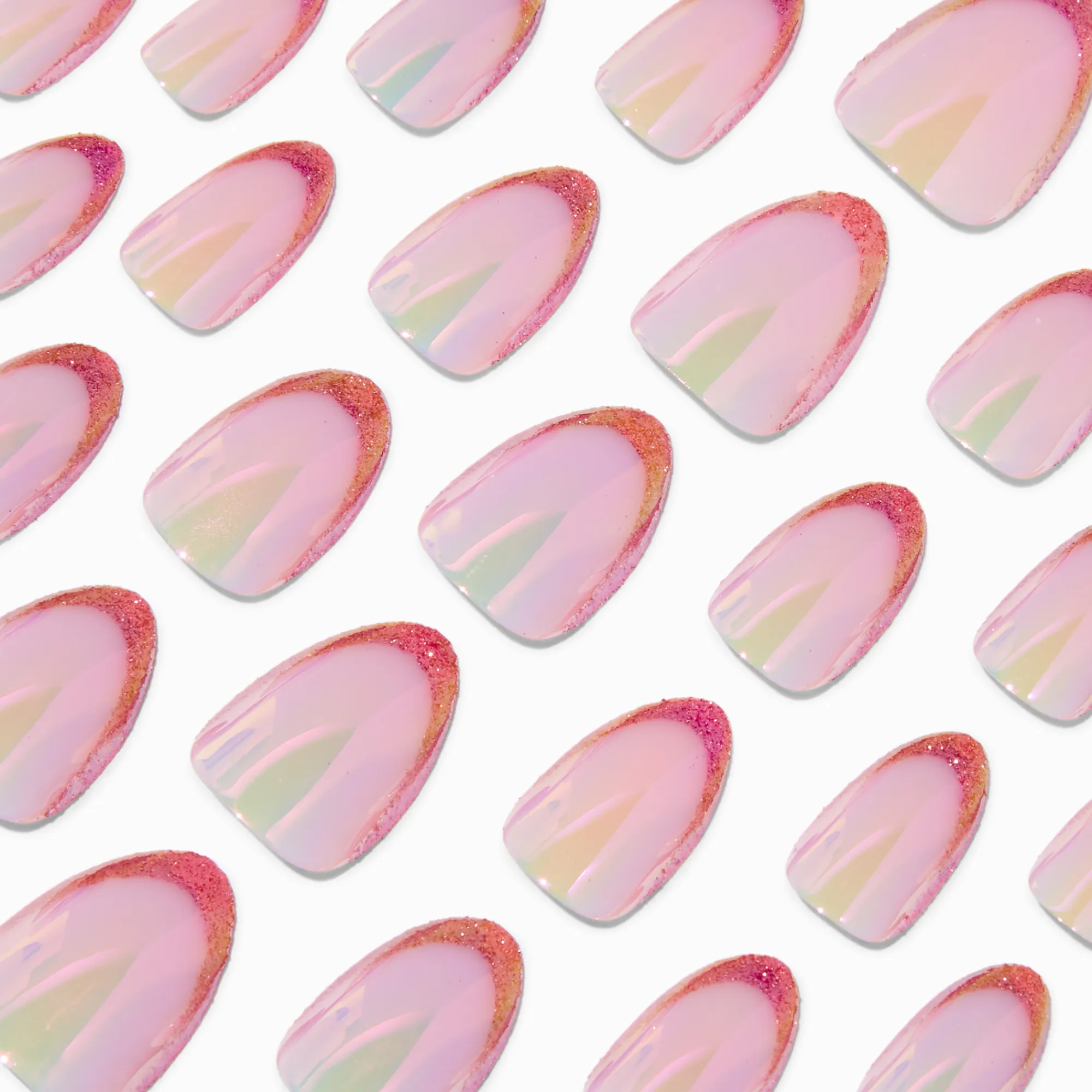 Claire's Ongles-Faux ongles vegan courts en amande holographique roses - Lot de 24
