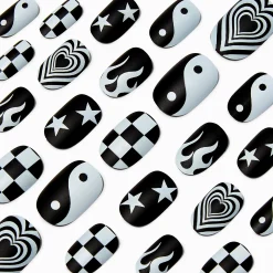 Claire's Ongles-Faux ongles vegan de forme ovale moyenne Y2K noirs et blancs - Lot de 24