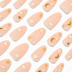 Claire's Ongles-Faux ongles vegan en amande longs étoiles cœurs blancs - Lot de 24
