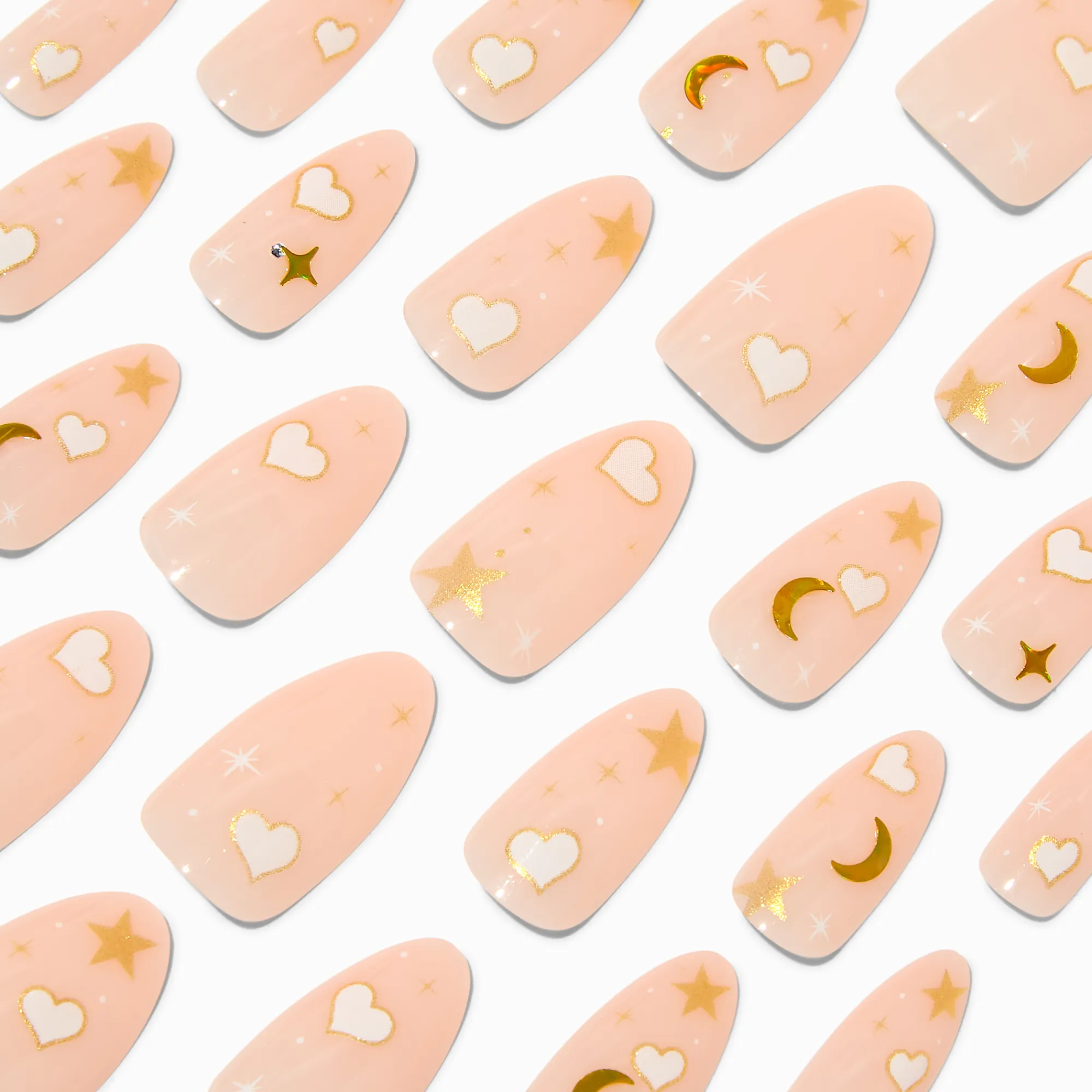 Claire's Ongles-Faux ongles vegan en amande longs étoiles cœurs blancs - Lot de 24