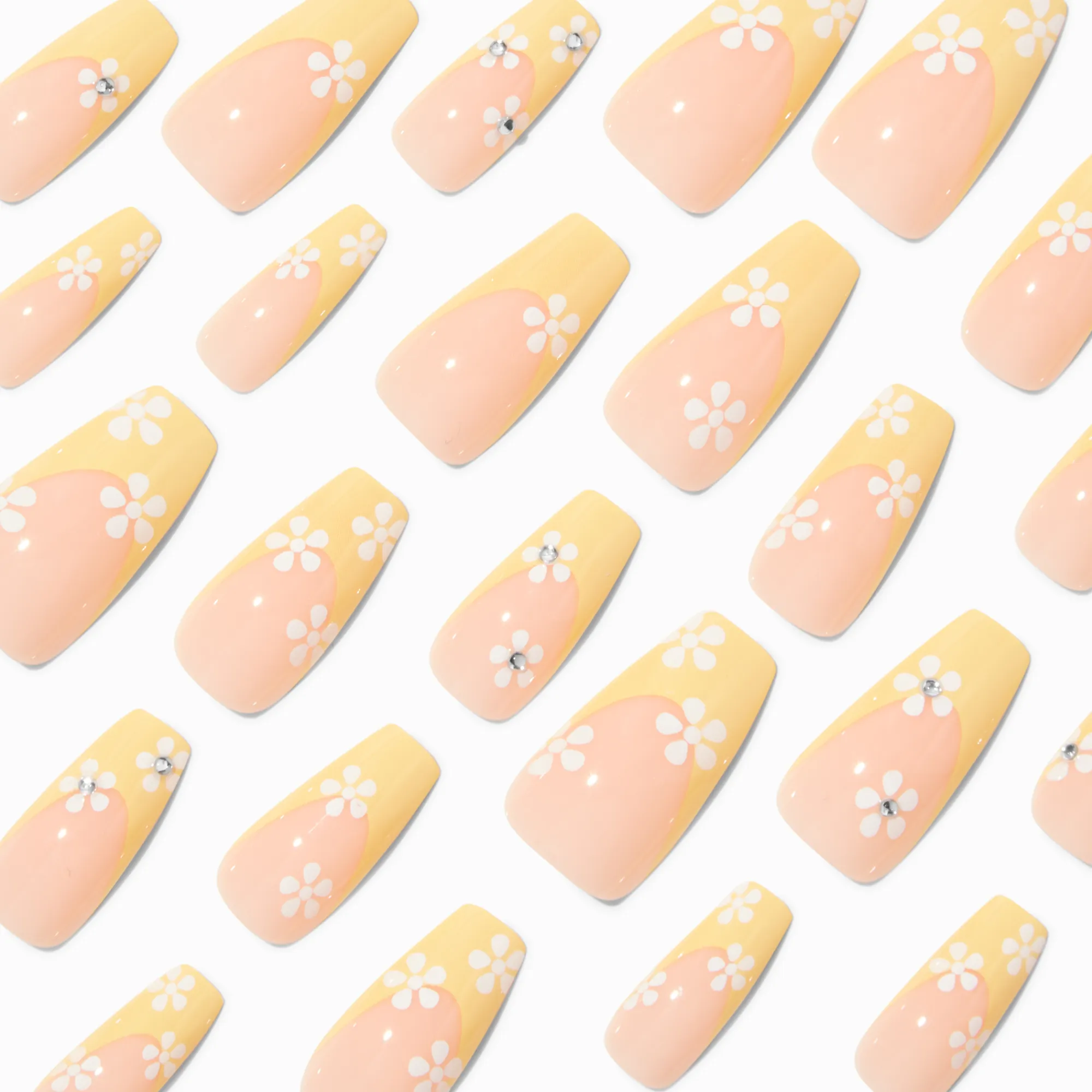 Claire's Ongles-Faux ongles vegan squareletto marguerite blanche et French manucure jaune - Lot de 24