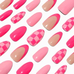 Claire's Ongles-Faux ongles vegan stiletto French manucure à carreaux roses - Lot de 24